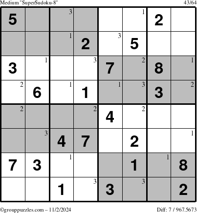 The grouppuzzles.com Medium SuperSudoku-8 puzzle for Saturday November 2, 2024 with the first 3 steps marked