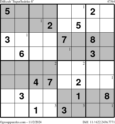 The grouppuzzles.com Difficult SuperSudoku-8 puzzle for Saturday November 2, 2024 with the first 3 steps marked