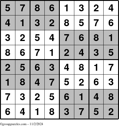 The grouppuzzles.com Answer grid for the SuperSudoku-8 puzzle for Saturday November 2, 2024