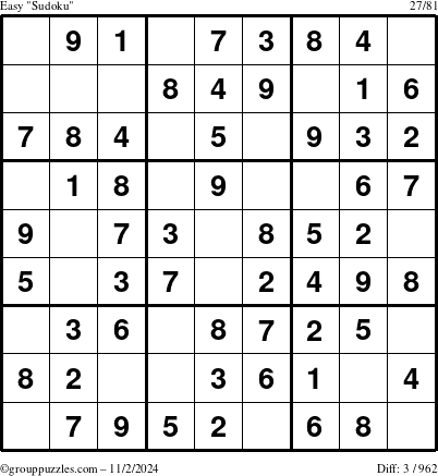 The grouppuzzles.com Easy Sudoku puzzle for Saturday November 2, 2024