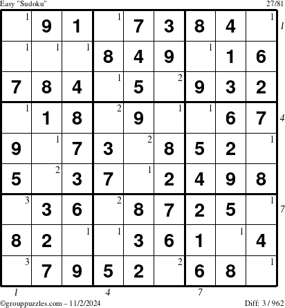 The grouppuzzles.com Easy Sudoku puzzle for Saturday November 2, 2024 with all 3 steps marked