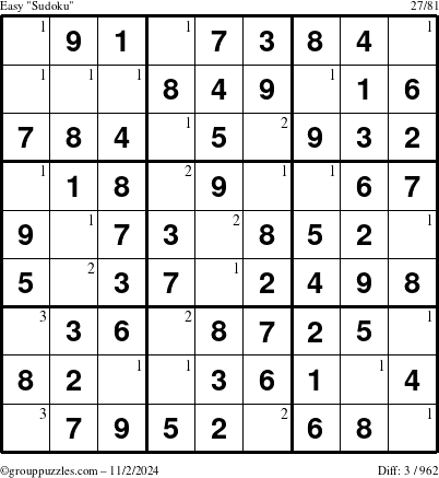 The grouppuzzles.com Easy Sudoku puzzle for Saturday November 2, 2024 with the first 3 steps marked