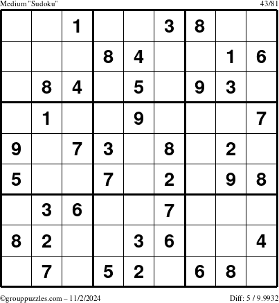 The grouppuzzles.com Medium Sudoku puzzle for Saturday November 2, 2024