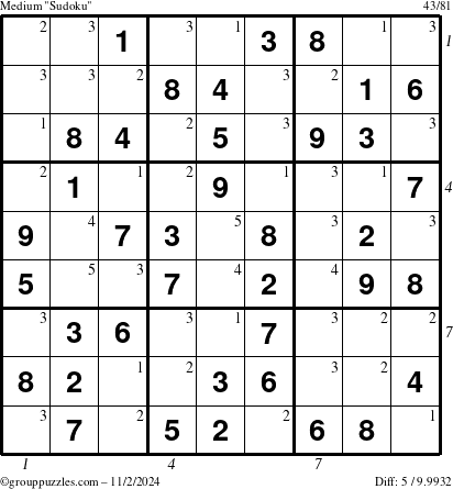 The grouppuzzles.com Medium Sudoku puzzle for Saturday November 2, 2024, suitable for printing, with all 5 steps marked