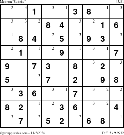 The grouppuzzles.com Medium Sudoku puzzle for Saturday November 2, 2024 with the first 3 steps marked