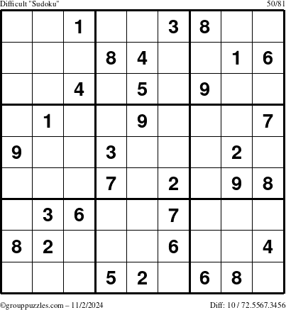 The grouppuzzles.com Difficult Sudoku puzzle for Saturday November 2, 2024