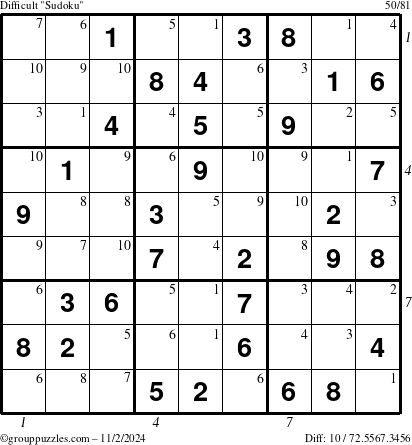 The grouppuzzles.com Difficult Sudoku puzzle for Saturday November 2, 2024 with all 10 steps marked