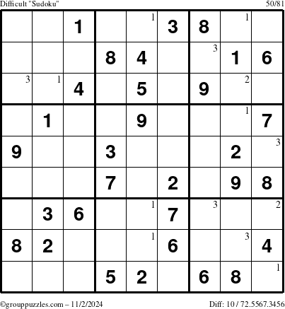 The grouppuzzles.com Difficult Sudoku puzzle for Saturday November 2, 2024 with the first 3 steps marked