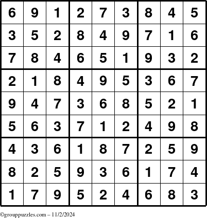 The grouppuzzles.com Answer grid for the Sudoku puzzle for Saturday November 2, 2024