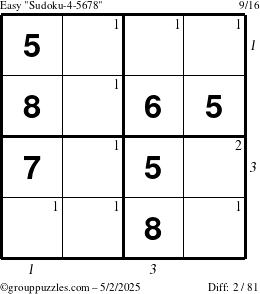 The grouppuzzles.com Easy Sudoku-4-5678 puzzle for Friday May 2, 2025 with all 2 steps marked
