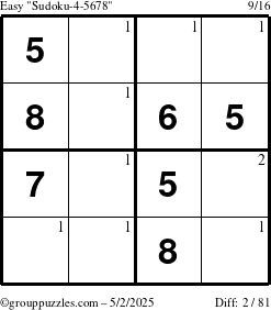 The grouppuzzles.com Easy Sudoku-4-5678 puzzle for Friday May 2, 2025 with the first 2 steps marked