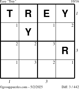 The grouppuzzles.com Easy Trey puzzle for Friday May 2, 2025 with all 3 steps marked