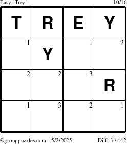 The grouppuzzles.com Easy Trey puzzle for Friday May 2, 2025 with the first 3 steps marked