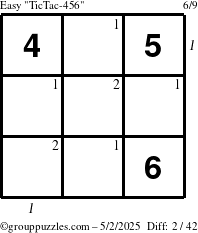 The grouppuzzles.com Easy TicTac-456 puzzle for Friday May 2, 2025 with all 2 steps marked