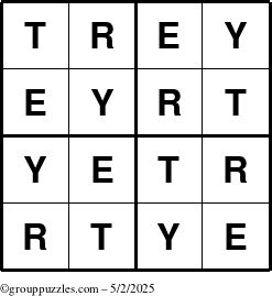 The grouppuzzles.com Answer grid for the Trey puzzle for Friday May 2, 2025