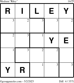 The grouppuzzles.com Medium Riley puzzle for Friday May 2, 2025 with the first 3 steps marked