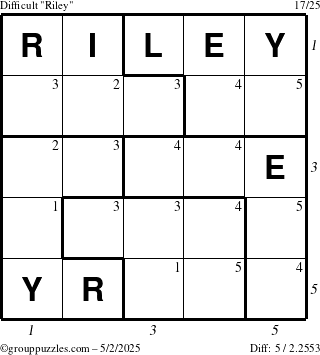 The grouppuzzles.com Difficult Riley puzzle for Friday May 2, 2025, suitable for printing, with all 5 steps marked