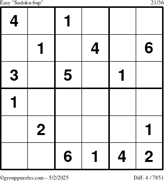 The grouppuzzles.com Easy Sudoku-6up puzzle for Friday May 2, 2025