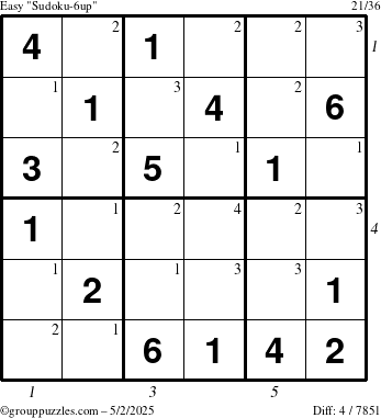 The grouppuzzles.com Easy Sudoku-6up puzzle for Friday May 2, 2025 with all 4 steps marked