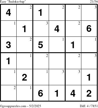 The grouppuzzles.com Easy Sudoku-6up puzzle for Friday May 2, 2025 with the first 3 steps marked