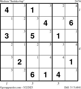 The grouppuzzles.com Medium Sudoku-6up puzzle for Friday May 2, 2025 with all 5 steps marked
