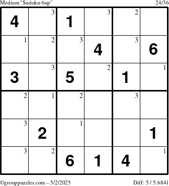 The grouppuzzles.com Medium Sudoku-6up puzzle for Friday May 2, 2025 with the first 3 steps marked