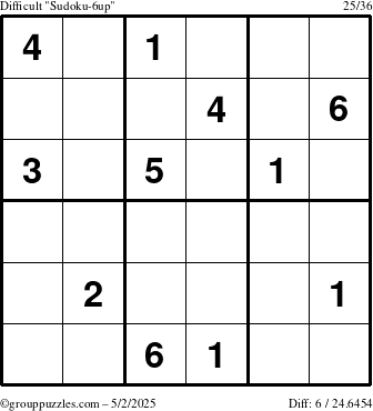 The grouppuzzles.com Difficult Sudoku-6up puzzle for Friday May 2, 2025
