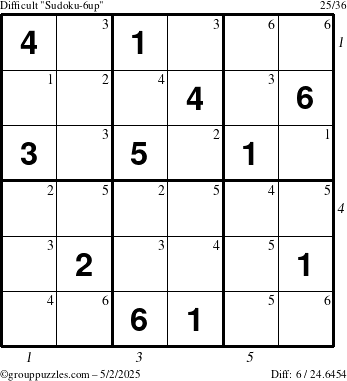 The grouppuzzles.com Difficult Sudoku-6up puzzle for Friday May 2, 2025 with all 6 steps marked