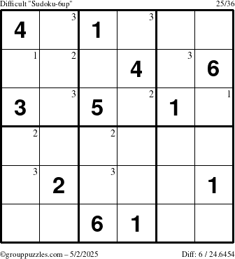 The grouppuzzles.com Difficult Sudoku-6up puzzle for Friday May 2, 2025 with the first 3 steps marked