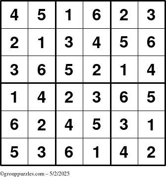 The grouppuzzles.com Answer grid for the Sudoku-6up puzzle for Friday May 2, 2025
