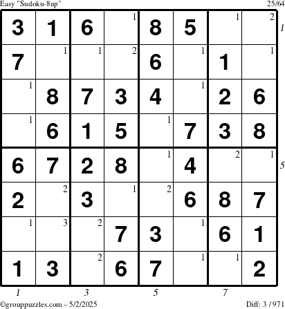 The grouppuzzles.com Easy Sudoku-8up puzzle for Friday May 2, 2025 with all 3 steps marked