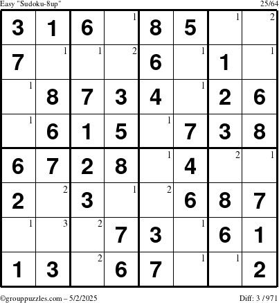 The grouppuzzles.com Easy Sudoku-8up puzzle for Friday May 2, 2025 with the first 3 steps marked