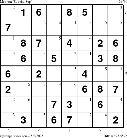The grouppuzzles.com Medium Sudoku-8up puzzle for Friday May 2, 2025 with all 6 steps marked