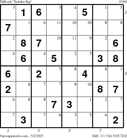 The grouppuzzles.com Difficult Sudoku-8up puzzle for Friday May 2, 2025 with all 11 steps marked