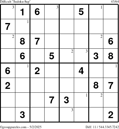 The grouppuzzles.com Difficult Sudoku-8up puzzle for Friday May 2, 2025 with the first 3 steps marked