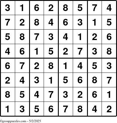 The grouppuzzles.com Answer grid for the Sudoku-8up puzzle for Friday May 2, 2025