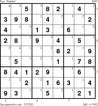 The grouppuzzles.com Easy Sudoku puzzle for Friday May 2, 2025 with all 4 steps marked