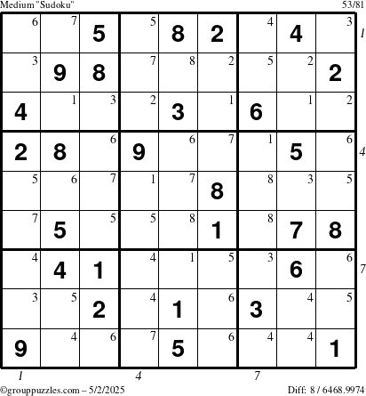 The grouppuzzles.com Medium Sudoku puzzle for Friday May 2, 2025 with all 8 steps marked