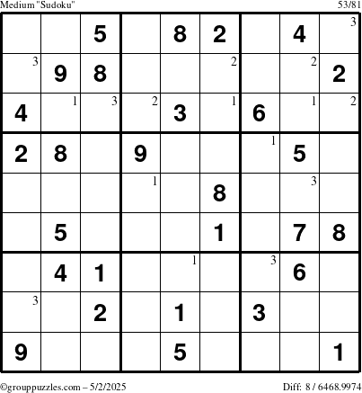 The grouppuzzles.com Medium Sudoku puzzle for Friday May 2, 2025 with the first 3 steps marked