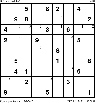 The grouppuzzles.com Difficult Sudoku puzzle for Friday May 2, 2025 with the first 3 steps marked