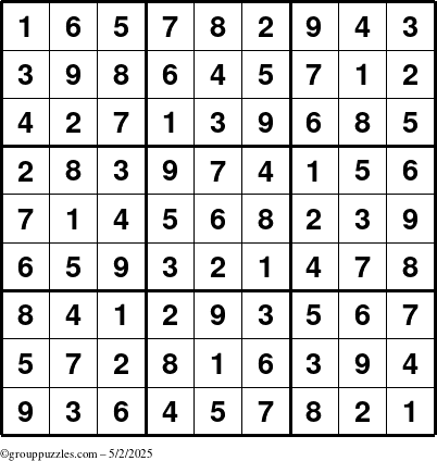 The grouppuzzles.com Answer grid for the Sudoku puzzle for Friday May 2, 2025