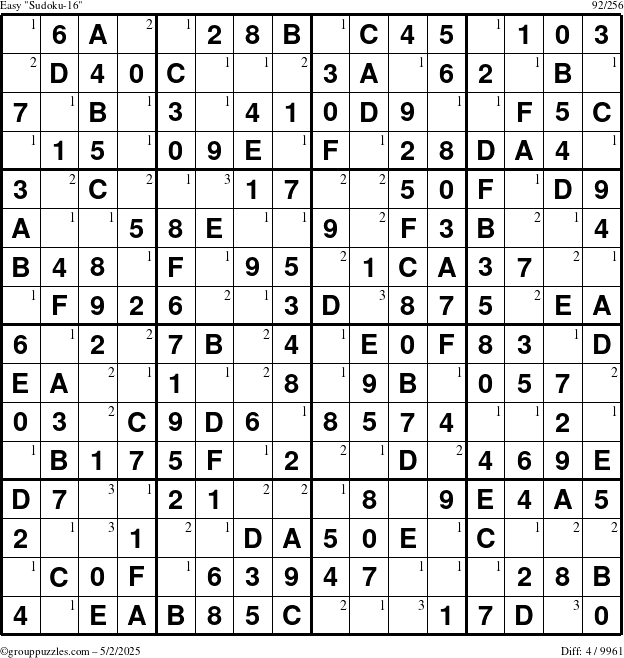 The grouppuzzles.com Easy Sudoku-16 puzzle for Friday May 2, 2025 with the first 3 steps marked