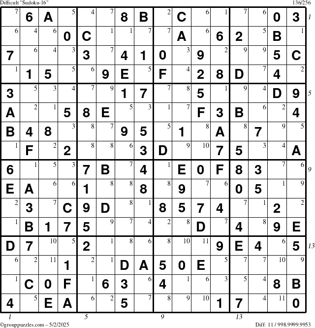 The grouppuzzles.com Difficult Sudoku-16 puzzle for Friday May 2, 2025 with all 11 steps marked
