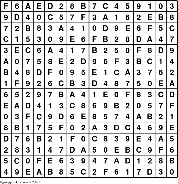 The grouppuzzles.com Answer grid for the Sudoku-16 puzzle for Friday May 2, 2025