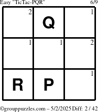 The grouppuzzles.com Easy TicTac-PQR puzzle for Friday May 2, 2025 with the first 2 steps marked
