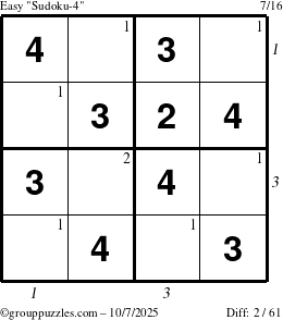 The grouppuzzles.com Easy Sudoku-4 puzzle for Tuesday October 7, 2025, suitable for printing, with all 2 steps marked