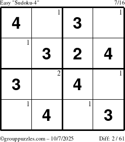 The grouppuzzles.com Easy Sudoku-4 puzzle for Tuesday October 7, 2025 with the first 2 steps marked