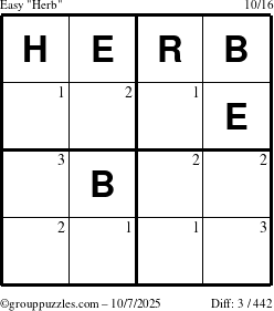 The grouppuzzles.com Easy Herb puzzle for Tuesday October 7, 2025 with the first 3 steps marked