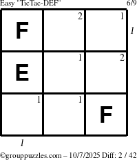 The grouppuzzles.com Easy TicTac-DEF puzzle for Tuesday October 7, 2025 with all 2 steps marked