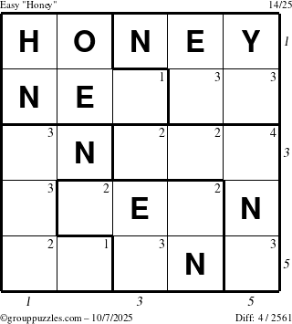 The grouppuzzles.com Easy Honey puzzle for Tuesday October 7, 2025, suitable for printing, with all 4 steps marked
